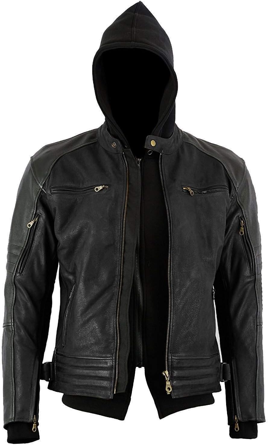 Bikers Gear AustraliaNew Craig Waxed Nubuck Premium Leather with Removable Hoodie Motorcycle Jacket, CE 1621-1 Removable 5 Piece Armour
