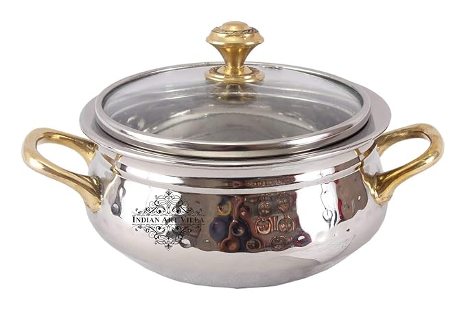 Indian Art Villa Steel Handi Brass Handle with Glass Lid|450 ML Capacity|Serving Dishes|Home Hotel