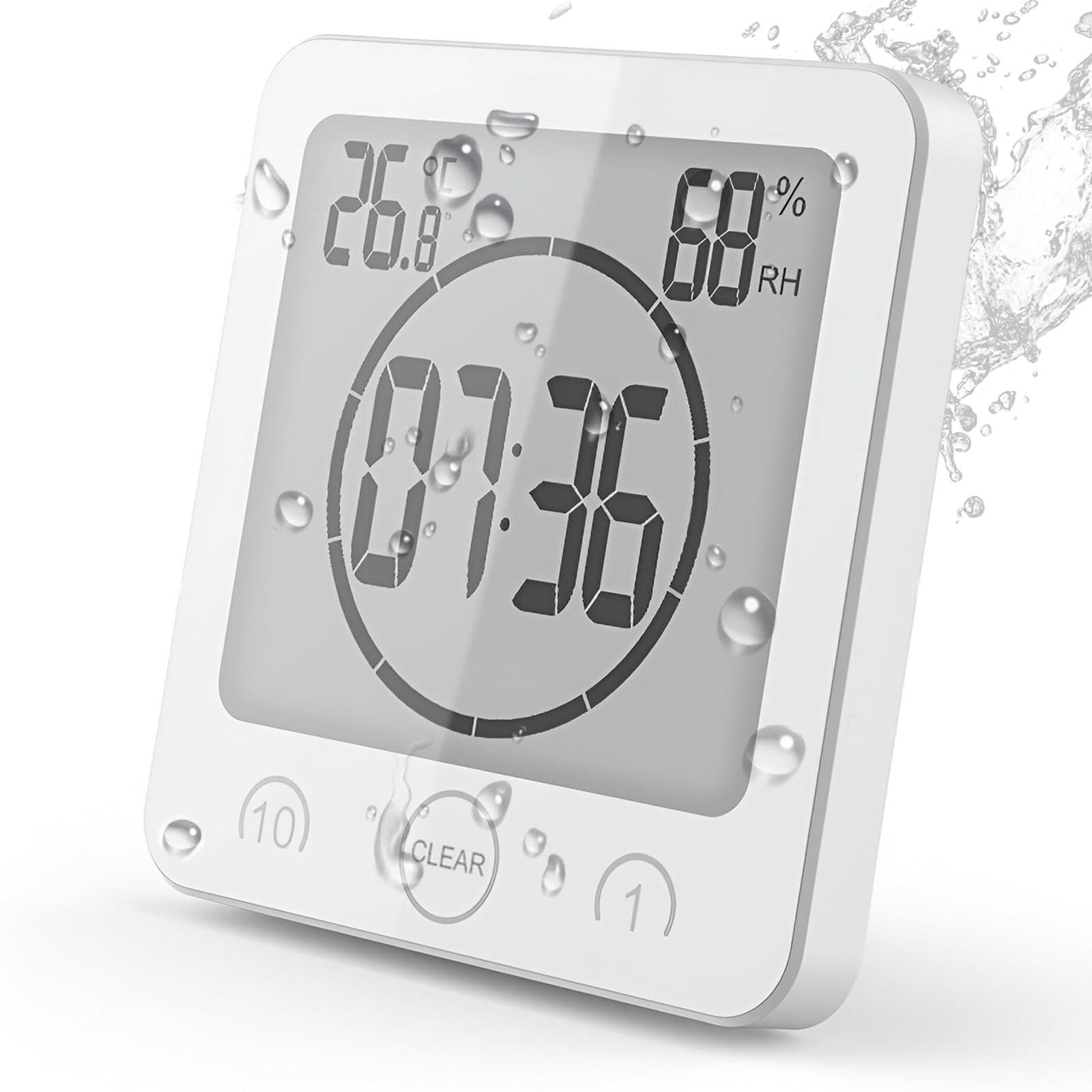 VORRINC Shower Clock Waterproof, Bathroom Clock Digital Clock Timer with Suction Cup,Thermometer Hygrometer, CountDown Timer (White)