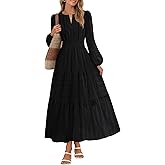 MEROKEETY Winter Spring Midi Dresses for Women 2026 Casual Vacation Long Sleeve V Neck Tiered Cotton Maxi Dress Pockets