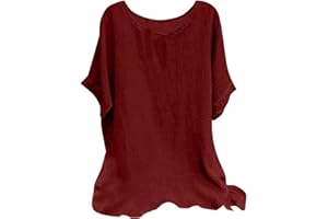 CAOQAO Linen Shirts for Women Summer 2025 Trendy Plus Size Crewneck Short Sleeve Cute Tops Casual Loose Fit Comfy Blouses