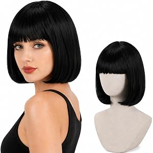 PARTY TELLER Short Black Bob Inward Curl Wig with Bangs for Women | Neck-Length Black Gothic Wigs, Halloween Costume Accessor