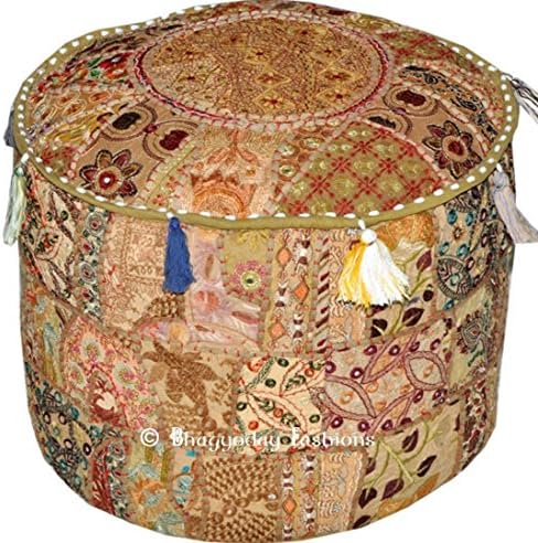 Radhy krishna fashionsRadhy krishna fashions Indian Vintage Ottoman Pouf Cover,Patchwork Ottoman, Living Room Patchwork Foot Stool Cover,Decorative Handmade Home Chair Cover (Beige, 14X22X2)