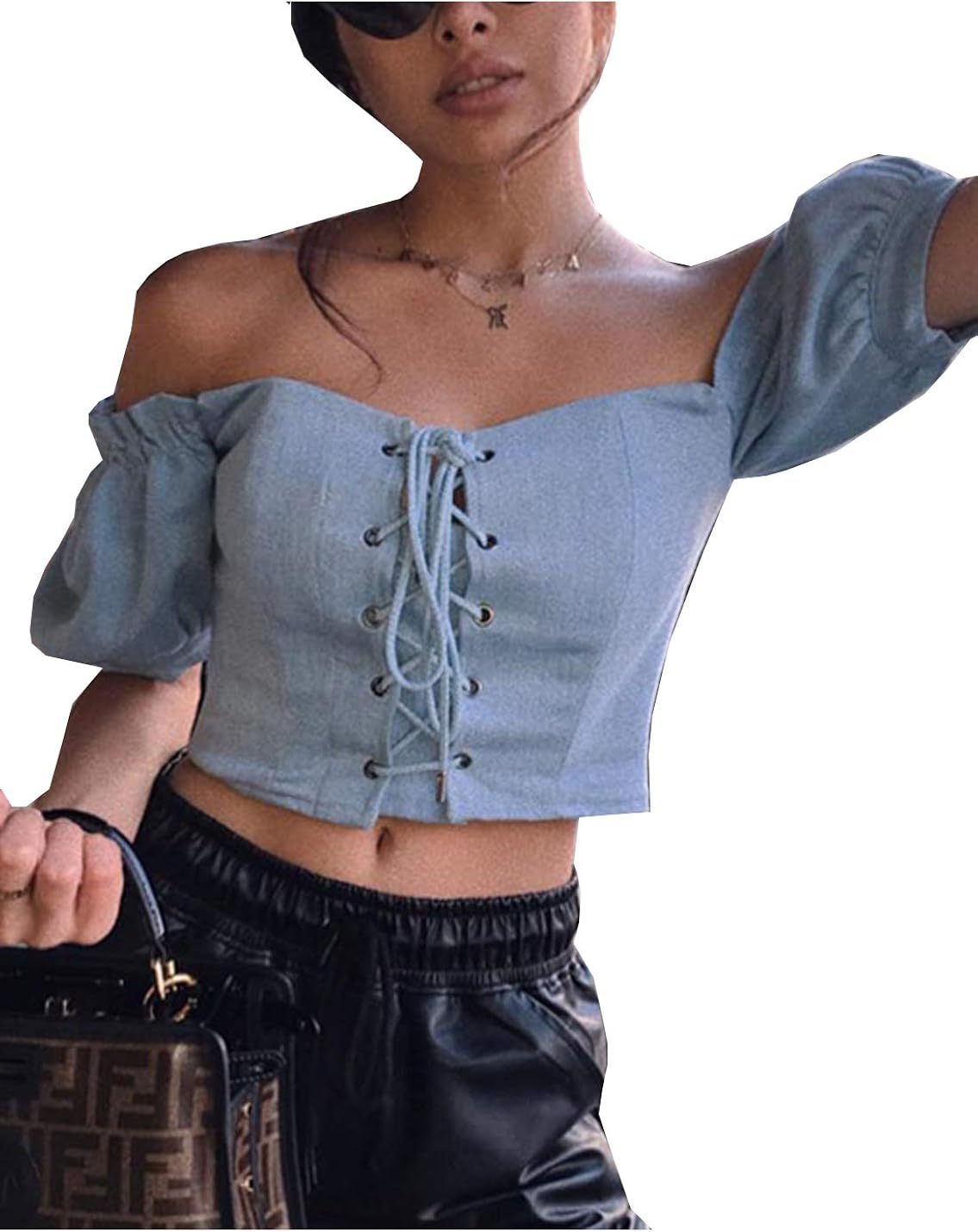denim off shoulder crop top