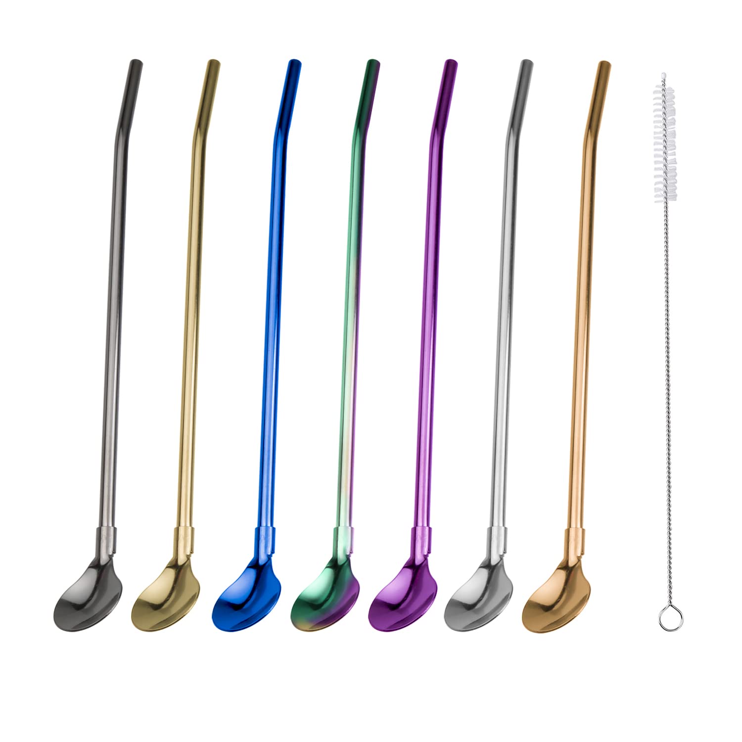 7 Pcs Drinking Straw Spoon Stainless Steel Reusable Straw Spoon with 1 Cleaning Brush (Regular)