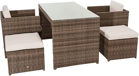 Amazon De Pureday 5 Teiliges Gartenmobel Set Moreno Mit Auflagen Platzsparend Kunstrattan Braun Beige