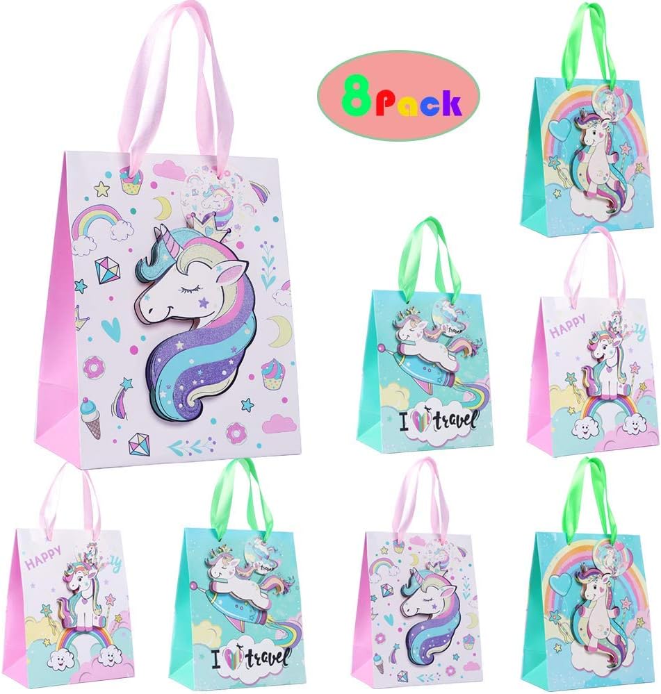 8 Pack Unicorn Party Favor Bags Paper Gift Bag 3D Goodie Candy Bags for Unicorn Birthday Party Supplies Bags