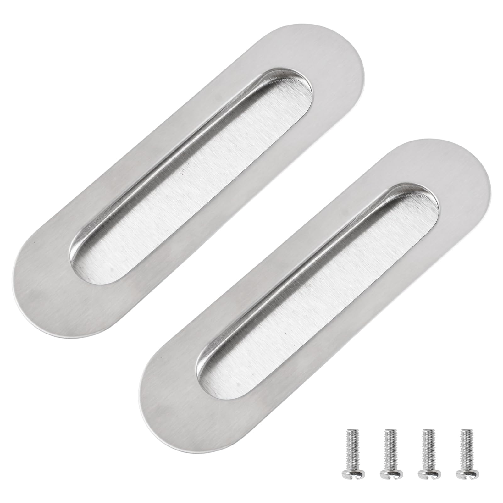 MOROBOR Oval Recessed Sliding Door Pulls, 2pcs Hide Holes Embedded Flush Pull Stainless Steel Finger Pulls with Screws for Sliding Cupboard Wardrob Barn Door (Brushed Silver)