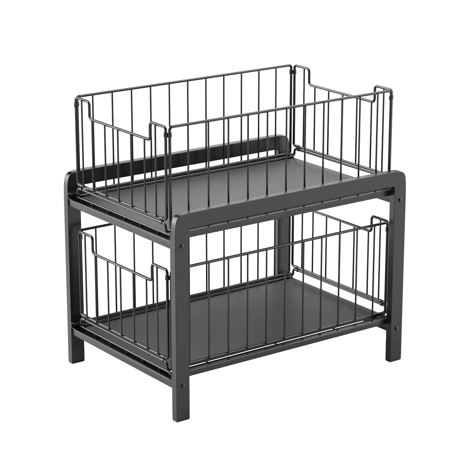 MoYouno Under Sink Storage- 2 Tier Sliding Cabinet Basket Pull Out Organizer Drawer,Detachable Metal Sliding Storage Basket, Pull Out Drawers for Kitchen and Bathroom-Black
