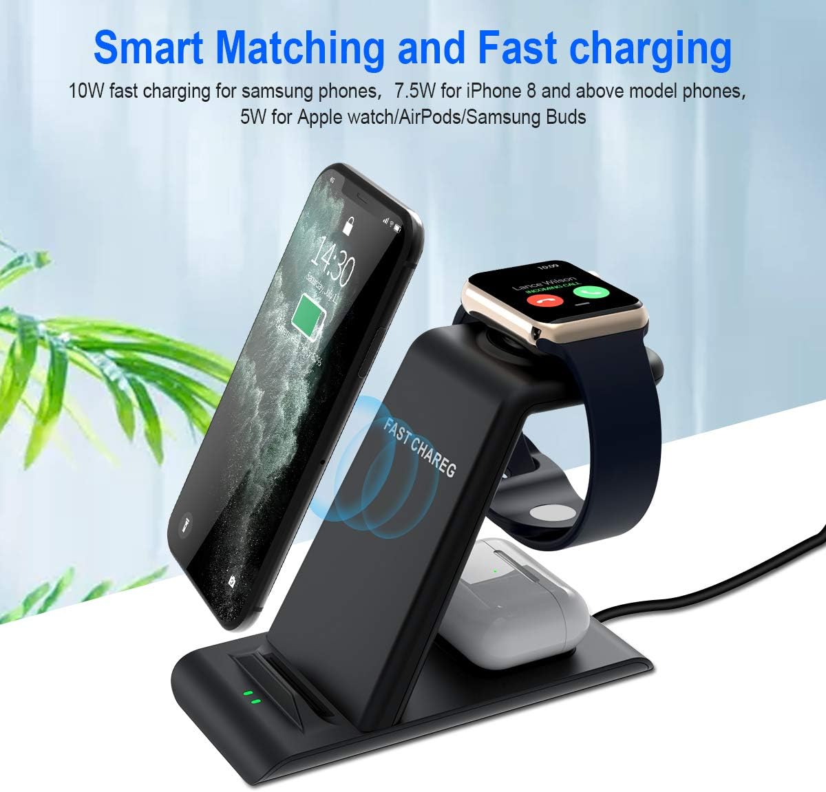 HATALKIN 3 in 1 Wireless Charging Station Compatible with Apple Products Multiple Devices Apple Watch SE 6 5 4 3 2 AirPods Pro/2 iPhone 12/11/Pro Max/X/XS/XR/8 Plus QI Fast Wireless Charger Stand Dock