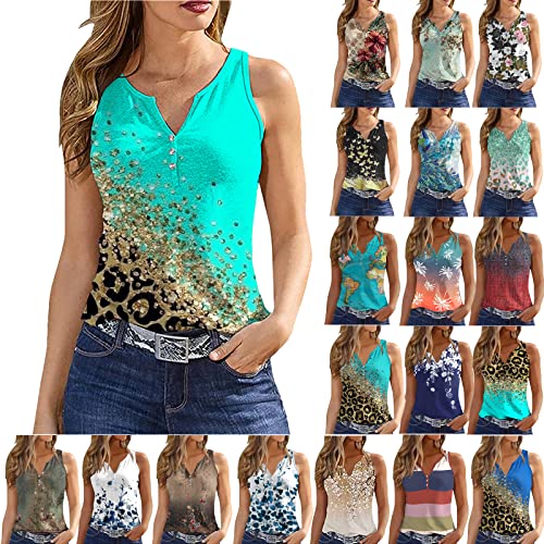 Cami Tops for Women Summer Casual Sleeveless Athletic Shirts Slim Fit Floral Print Cami Top Henley Button Down Blouses