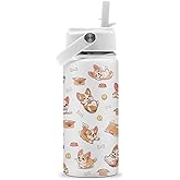 ROVOZAR Corgi Water Bottle - Corgi 16oz Stainless Steel Water Bottle with Straw - Cute Corgis Insulated Cup for Girls Boys - Dog Kids Tumbler for School, Sports, Travel