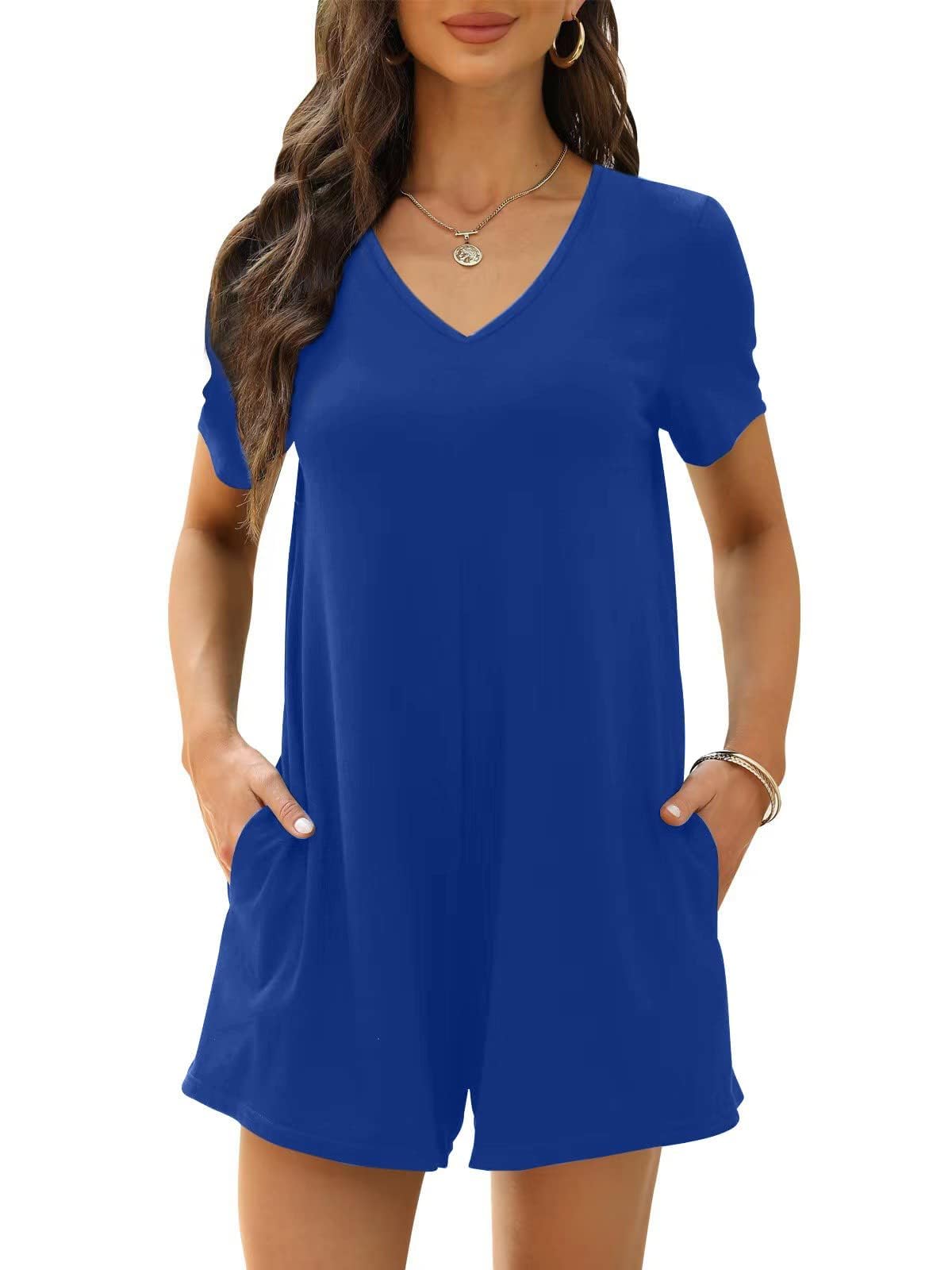 Photo 1 of Btaiuo Women's Summer Short Sleeve V Neck Short Jumpsuit Loose Casual Romper with Pockets XX-Large Light Blue