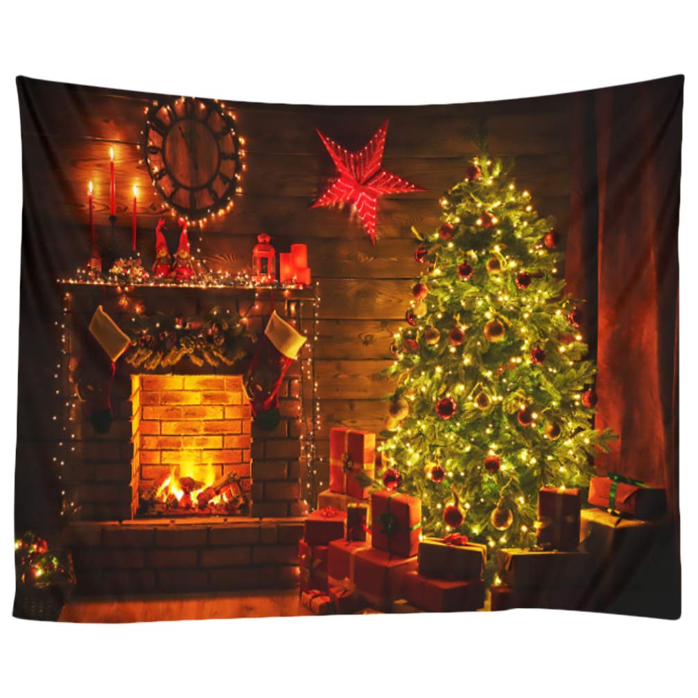 PRETYZOOM 150x130cm Christmas Tapestry Fireplace Xmas Tree Polyester Wall Hanging Carpet Christmas Party Photo Backdrop Livingroom Bedroom Decoration