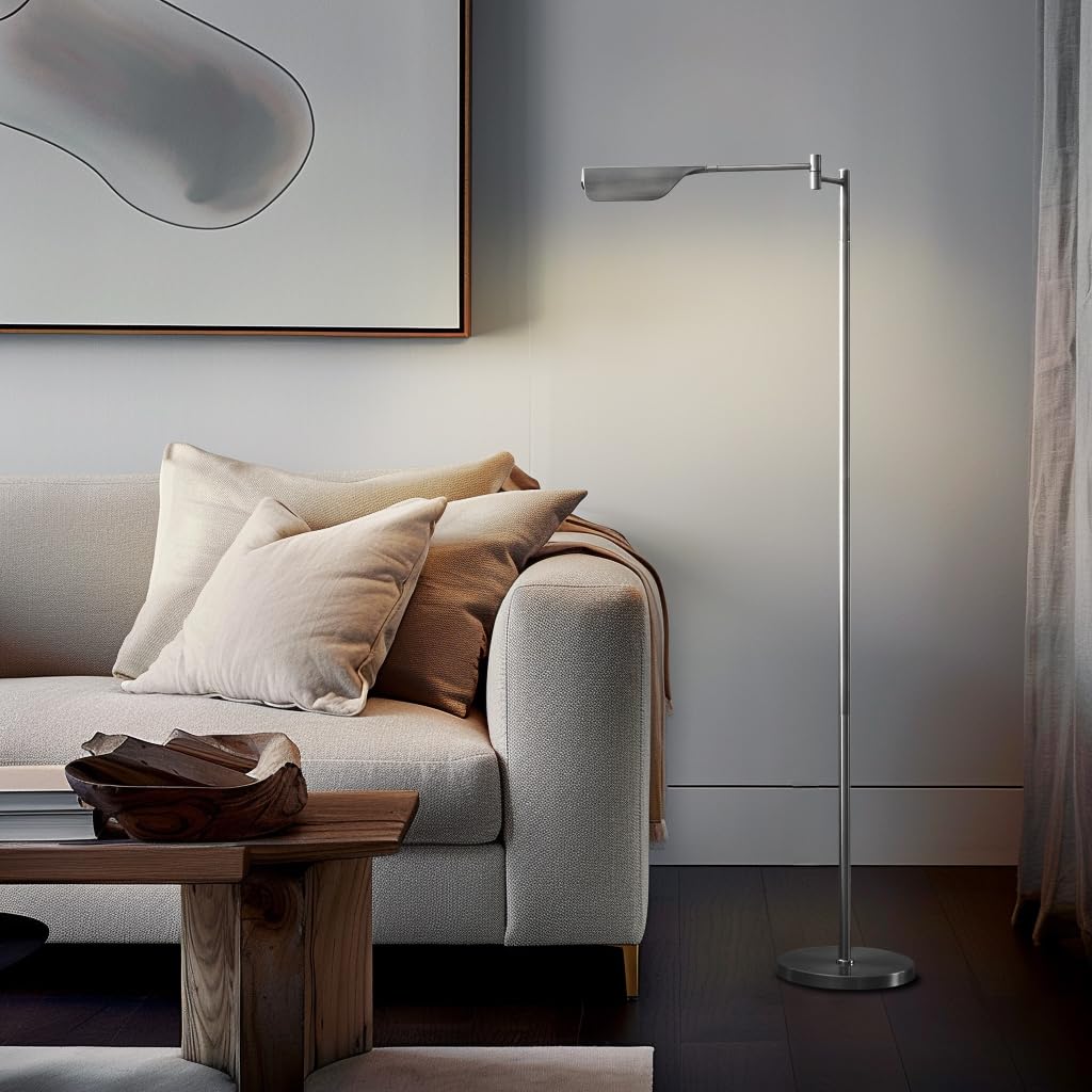 Brightech Leaf Pharmacy LED Reading Lamp, Dimmable Floor Lamp with Easy Rotation over Chair or Desk for Living Rooms & Offices, Adjustable Standing Lamp, Tall Lamp For Sewing & Craft - Platinum Silver