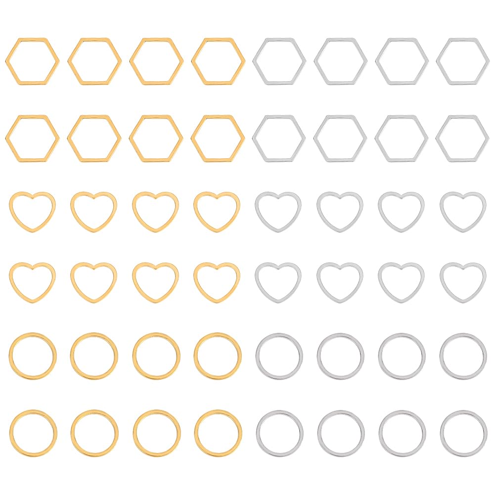 UNICRAFTALE 48Pcs 3 Style 2 Colors Stainless Steel Linking Ring Heart Hexagon Round Ring Hollow Ring Charms Frames Connectors Metal Jewelry Connector Links for DIY Jewelry Making