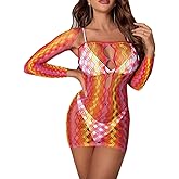 Womens Sexy Teddy Lingerie Fishnet Dress Mesh Stripe Badydoll Fishnet Bodysuit See Through Chemise