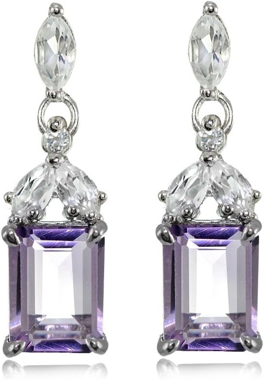 Sterling Silver Choice of Created or Genuine Gemstone & White Topaz Emerald-Cut Dangle Earrings