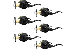 GOBEKOR 6 Pack Black Privacy Door Levers Keyless Handles for Bedroom/Bathroom Matte Black Wave Style Door Handles Interior Ke