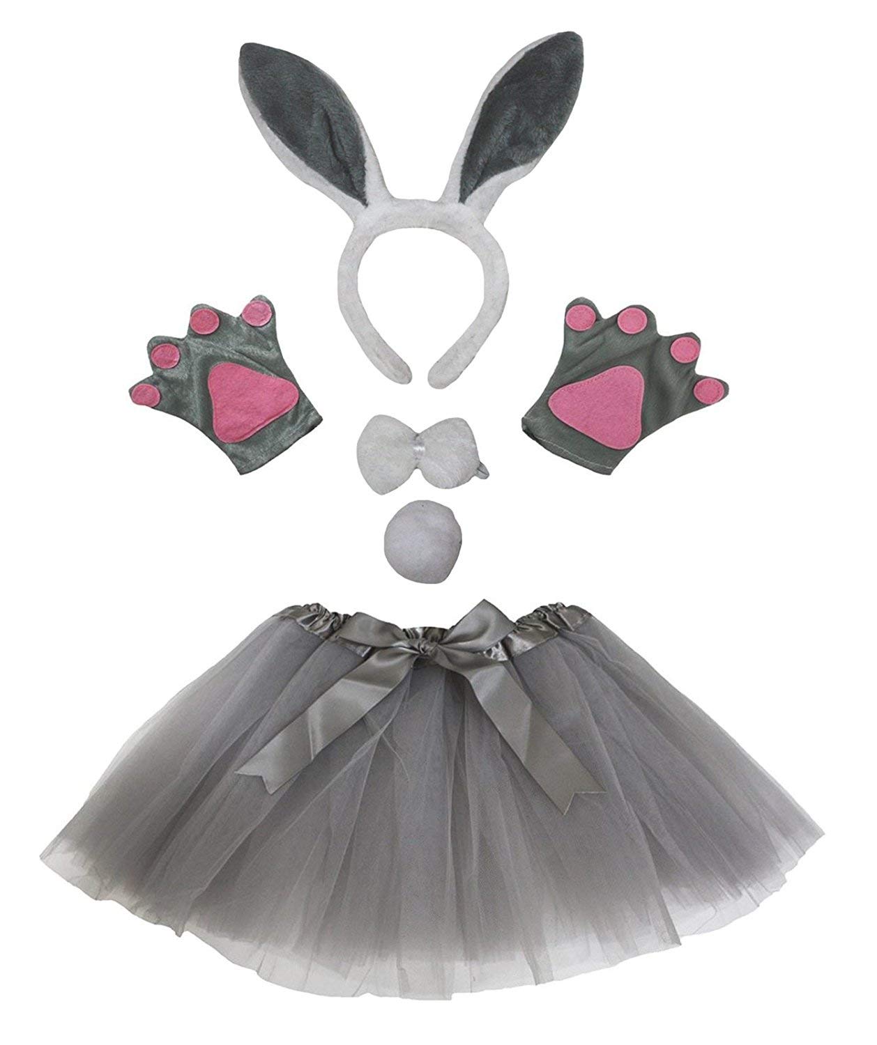 Petitebelle Bunny Ear Headband Bowtie Tail Gloves Tutu 5pc Girl Costume 1-10y (White/Grey, 1-5 Years)