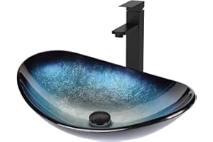 SOLIDEE Bathroom Boat Shape Artistic Glass Vessel Sink Free Black Faucet and Pop-up Drain Set, Blue