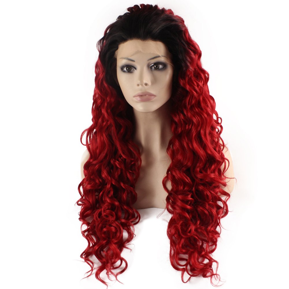 26inch Long Black Red Ombre Curly Heat Resistant Synthetic Lace Front Wig