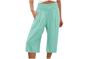 MaMiDay High Waisted Capri Pants for Women Linen Trendy Wide Leg Summer Capris Loose Comfy Casual Palazzo Pants with Pockets