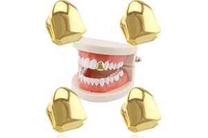 GENERIC Men's Dental Grills,4 Pcs Hip Hop Gold Braces Single Teeth European And American Style Hip Hop Braces 18K Plated Gold Grillz Mouth Teeth Party Accessories Teeth Grills