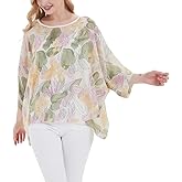 Wiwish Women's Bohemian Style Batwing Sleeve Butterflies Printed Chiffon Caftan Poncho Tunic Top Beach Loose Shirt