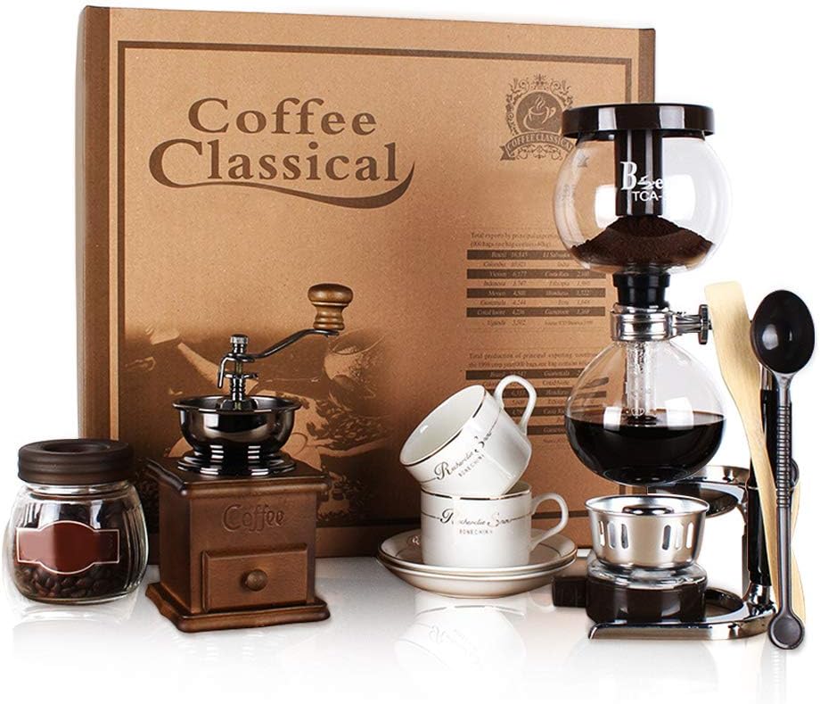 Vintage Style Manual Coffee Grinder & Siphon Coffee Pot Set,3-Cup Tabletop Syphon Coffee Maker with Gift Box Package