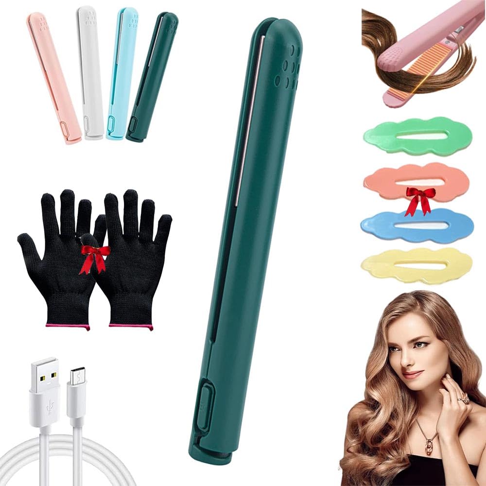 Cozy Home Curling Iron,Mini Dual-Purpose Curling Iron,Upgrade 2-In-1 Portable Curling Wand And Flat Iron,Portable Usb Mini Ceramic Curling Iron,For All Hair Types (Green)