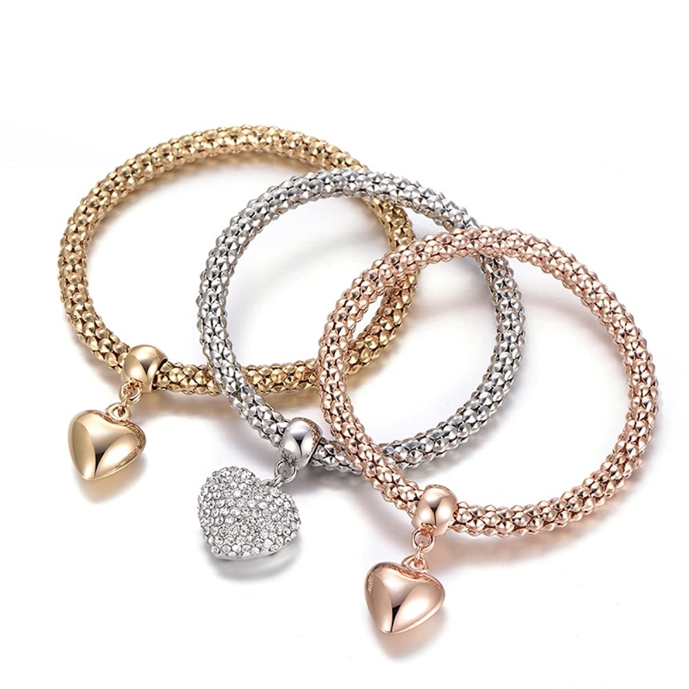 SILANER Crystal Charms Multilayer Bracelets - 3PCS Gold/Silver/Rose Gold Corn Chain Bracelet for Women, Tree of Life Heart Shaped Stretch Bracelet