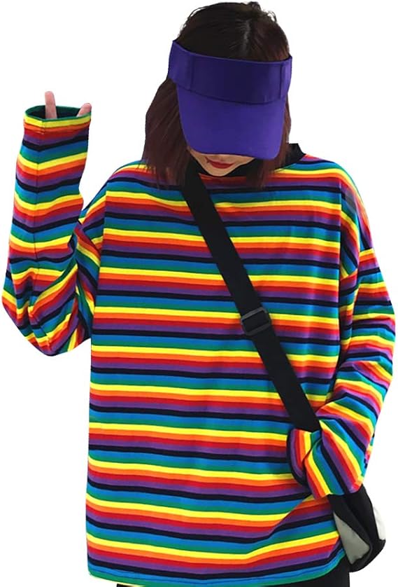 Amazon ライチ Lychee 長袖tシャツ レディース 横縞 カラーヒット 虹色 体型カバー ロング丈 原宿風 かわいい おしゃれ ゆったり 丸首 ファーション カジュアル 通気 フリーサイズ Tシャツ カットソー 通販