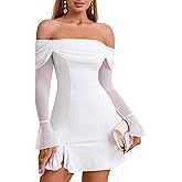 HTZMO Women Long Sleeve Sexy Off Shoulder Bodycon Mini Dress Ruched Side Slit Homecoming Going Out Party Short Dresses
