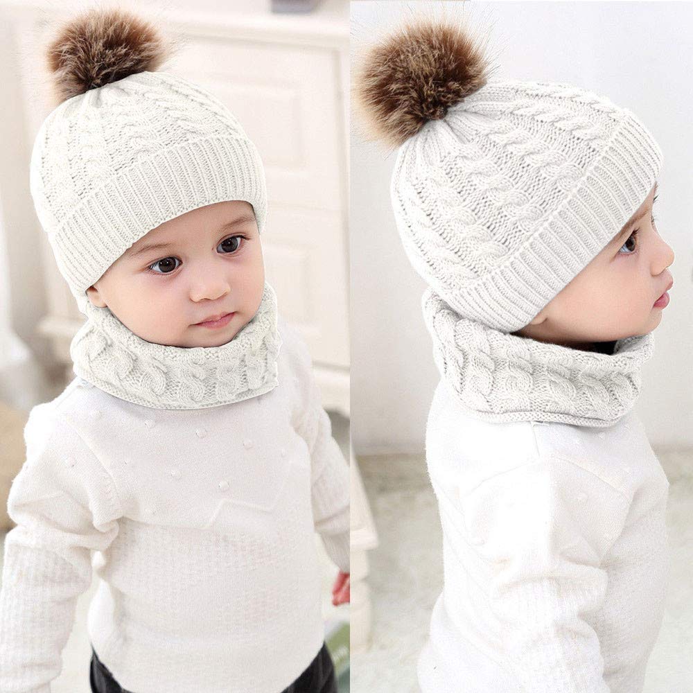 JoCome 2Pcs Toddler Baby Girls Boys Winter Knitted Bobble Hat Faux Fur Pompom Beanie Ski Cap+Scarf Keep Warm Set (White)