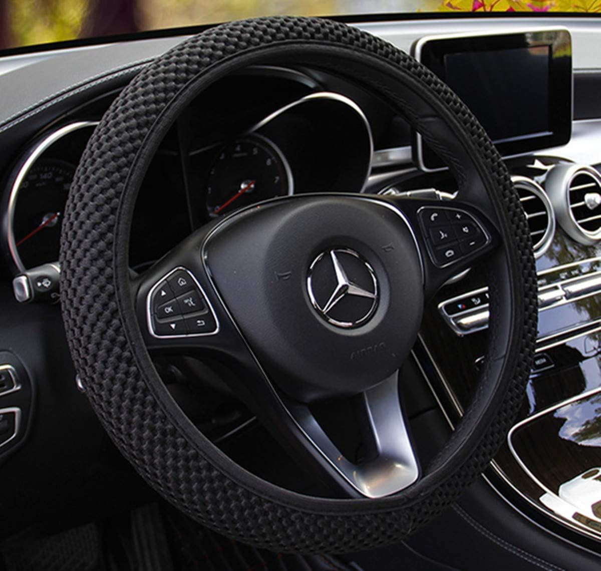 ZHOL Elastic Stretch Steering Wheel Cover, Universal 15 Inch Microfiber Breathable Ice Silk Steering Wheel Cover for Women Men, Anti-Slip, Easy Carry, Black