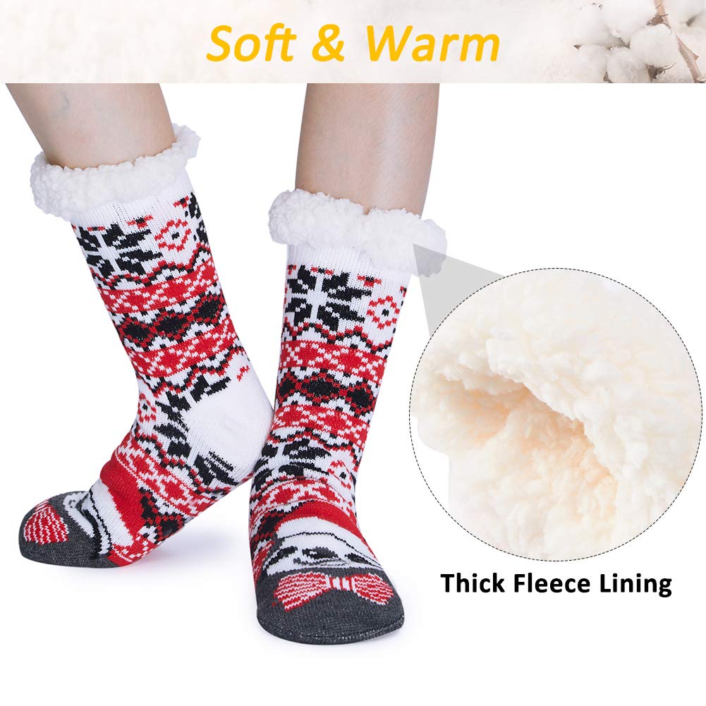 RAISEVERN Christmas Fuzzy Slipper Socks Soft Cozy Comfy Fluffy Lounge Socks With Grippers Pixilated Snowflakes Fat Sloth Childrens Warmth Hosiery Casual