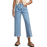 Sidefeel Womens Wide Leg Baggy Capri Jeans High Waisted Straight Leg Stretchy Raw Hem Cropped Denim Pants with Pockets