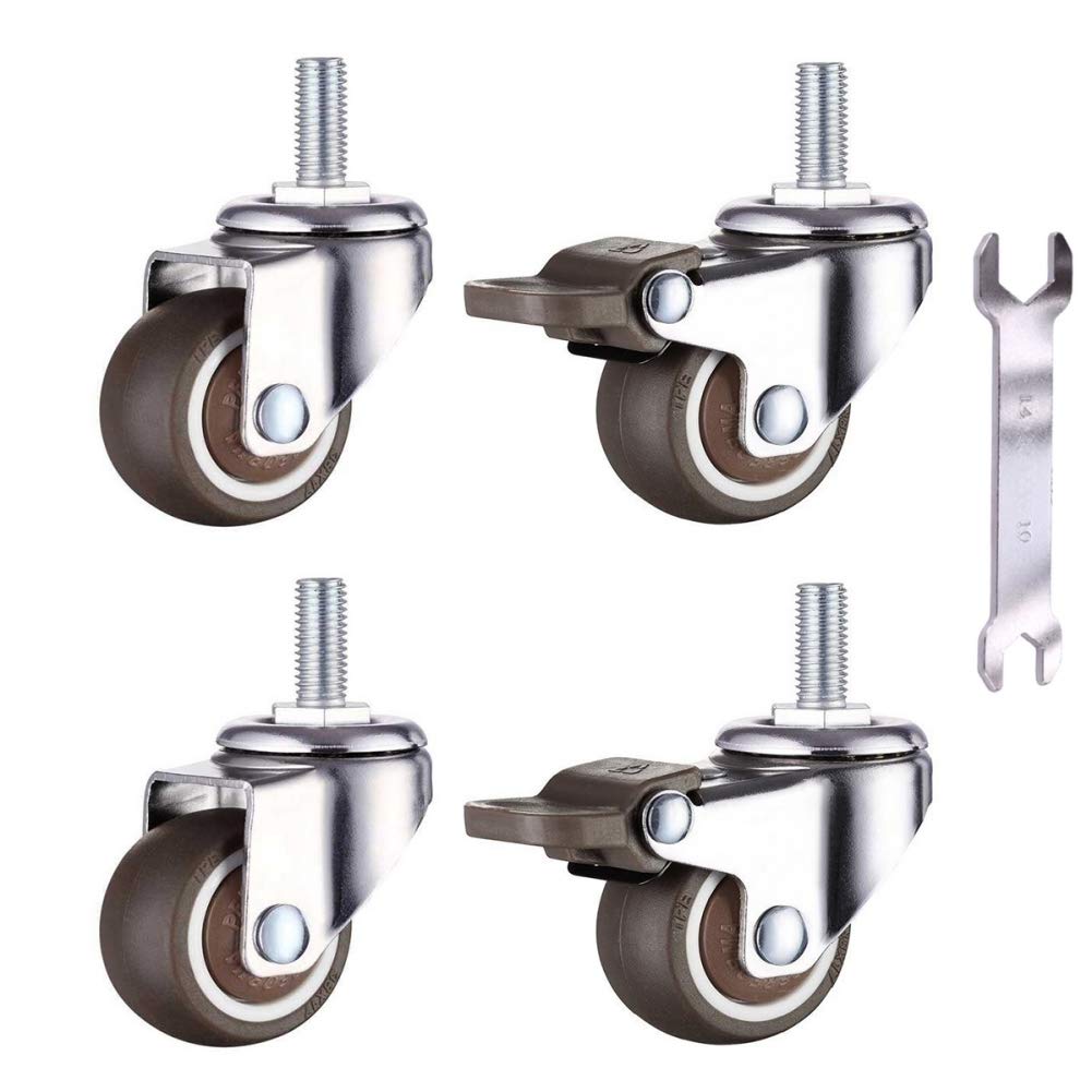 4 castors for furniture, M6 x 15 mm, with thread, 25 mm, soft rubber, TPE thread, mini castors, furniture castors (2 pieces with brake)