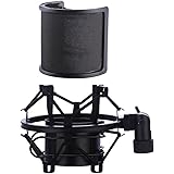 Microphone Shock Mount with Pop Filter, Mic Anti-Vibration Suspension Shock Mount Holder Clip for Diameter 46mm-53mm Micropho