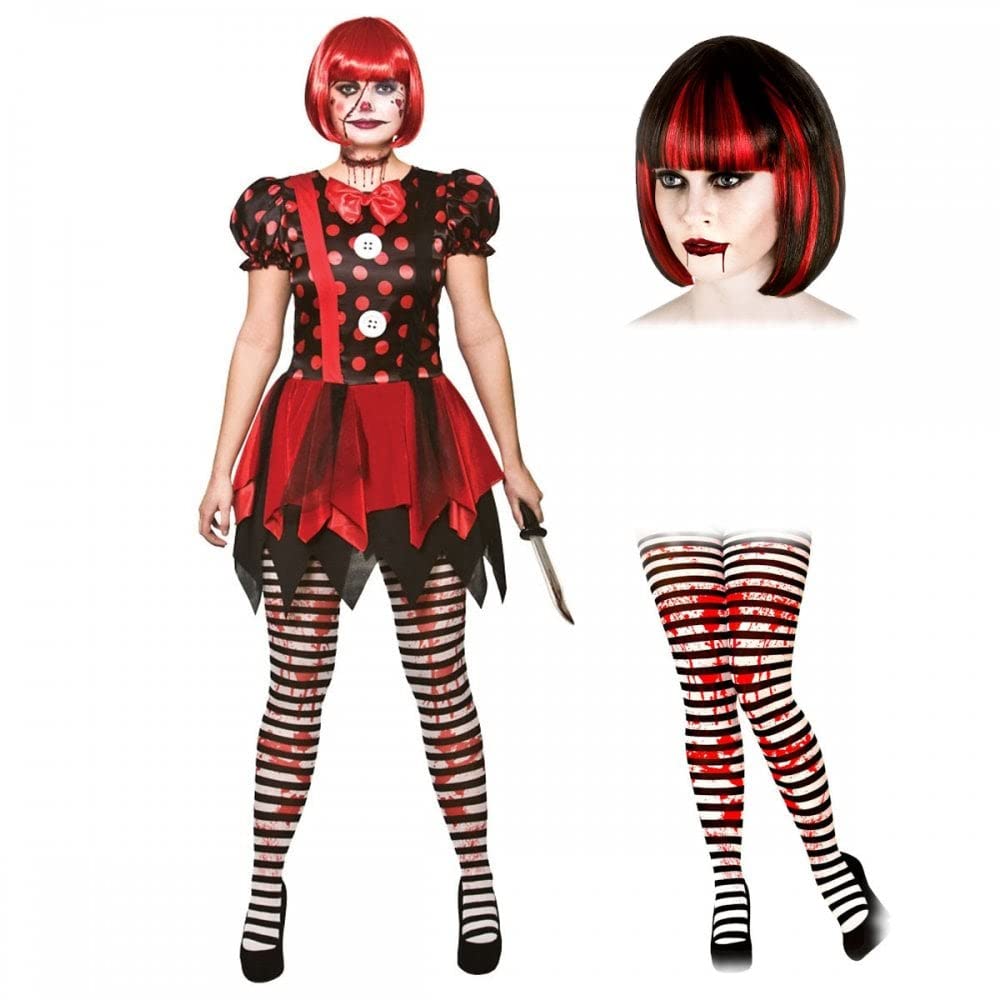 A2ZFD Women Horror Clown Lady Costume + Bloodlust Wig + Candystripe with Blood Tights : Halloween Fancy Dress (Small (UK 10-12)) (6070WC CS5)