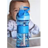 Nuby Thirsty Kids Push Button Flip-it Soft Spout on The Go Water Bottle with Easy Grip Band, Blue Sharks, 12 Oz