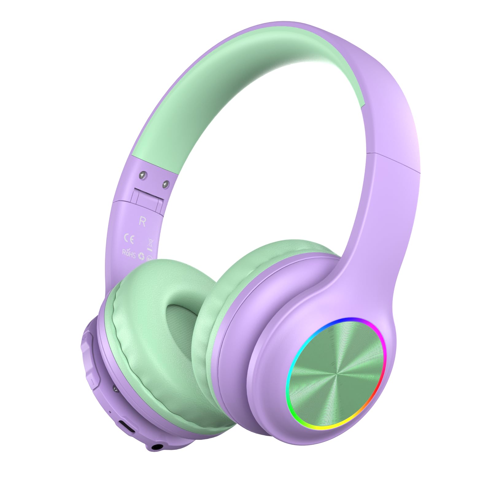 Candy Bila Kids Bluetooth 6.0 Headphones with LED Light, 85Hours Playtimes, Type-C Fast Charging, 85/94dB Volume Limited, Comfort Headphones with Built-in Mic, Wired & TF Card Mode,Green and Purple Image