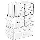SuoXing 3 Pack Clear Acrylic Makeup Organizer for Vanity With 9 Drawer, Skincare Organizers Countertop With Make up Brush Holder,Bathroom Make up Drawer Storage for Beauty,Hair Accessories Organizer | Cute, with Brush Holder, Lipstick