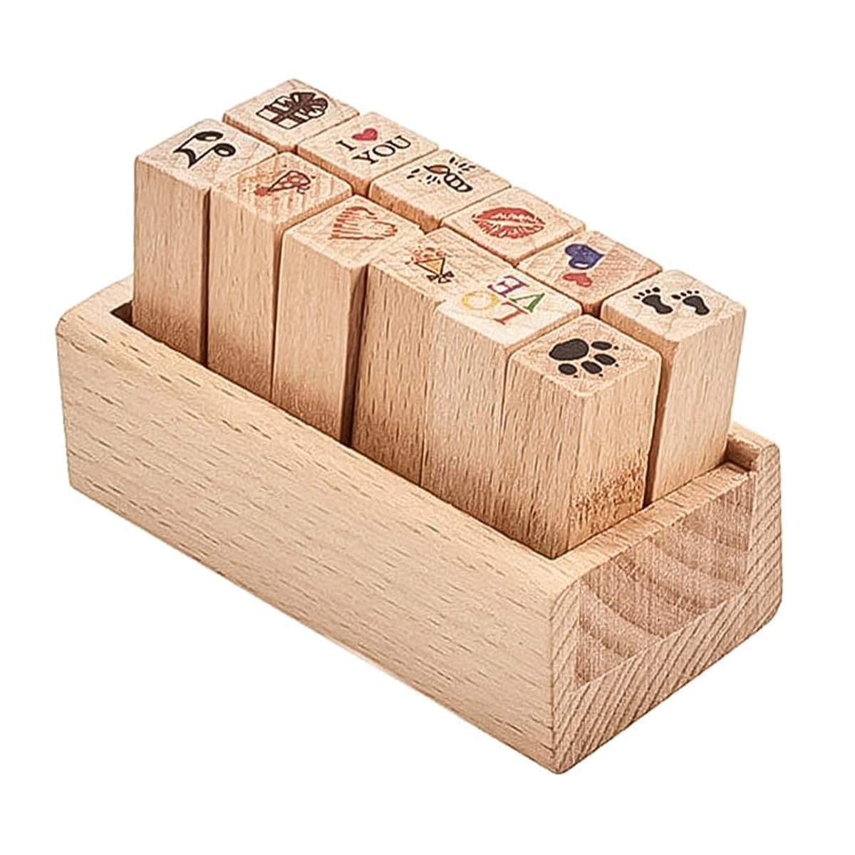 Tiardey 12 Pcs Mini Cute Wooden Rubber Stamps DIY Diary Scrapbook Stamps Set with Wooden Box - Love+Marriage