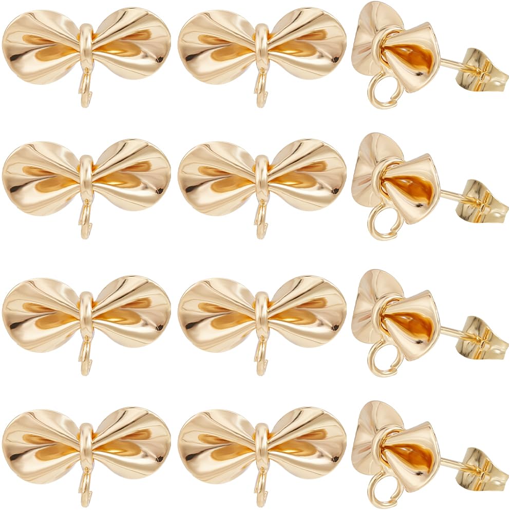 Beebeecraft 1 Box 12Pcs Bowknot Stud Post 18K Gold Plated Brass Bowknot Stud Earring Findings with Open Loop and 12Pcs Ear Nuts for DIY Earring Jewelry Making
