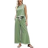 Ynhonra Women’s 2 Piece Lounge Set Sleeveless Tank Top & Wide Leg Pants Contrast Trim Relaxed Casual Matching Outfit