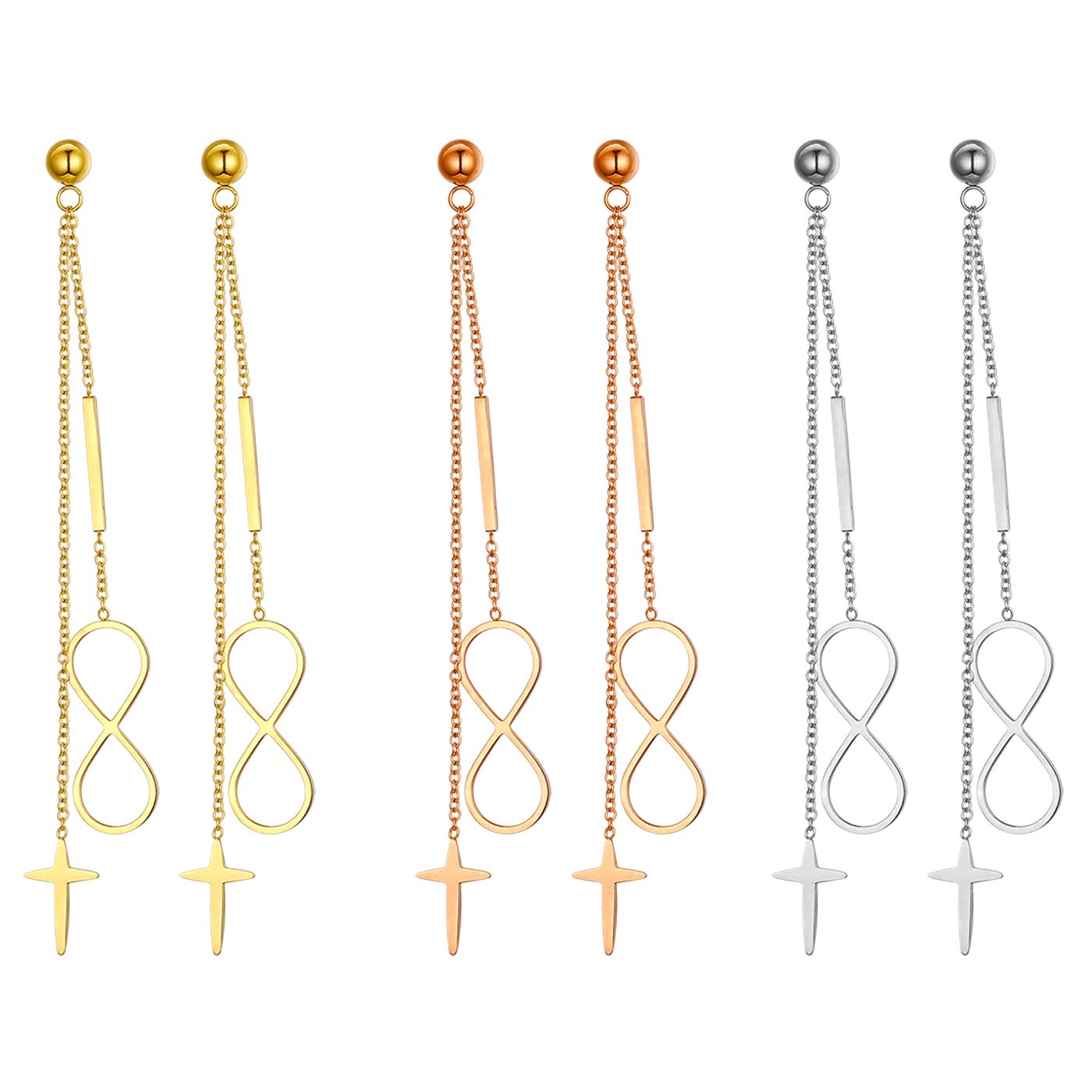 JewelryWe 3Pairs Long Tassel Earrings Fashion Infinity Charm Dangleing Stainless Steel Stud Earrings for Women Girls