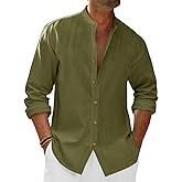 Runcati Mens Casual Linen Shirts 3/4 Sleeve Button Down Banded Collar Summer Beach Shirt