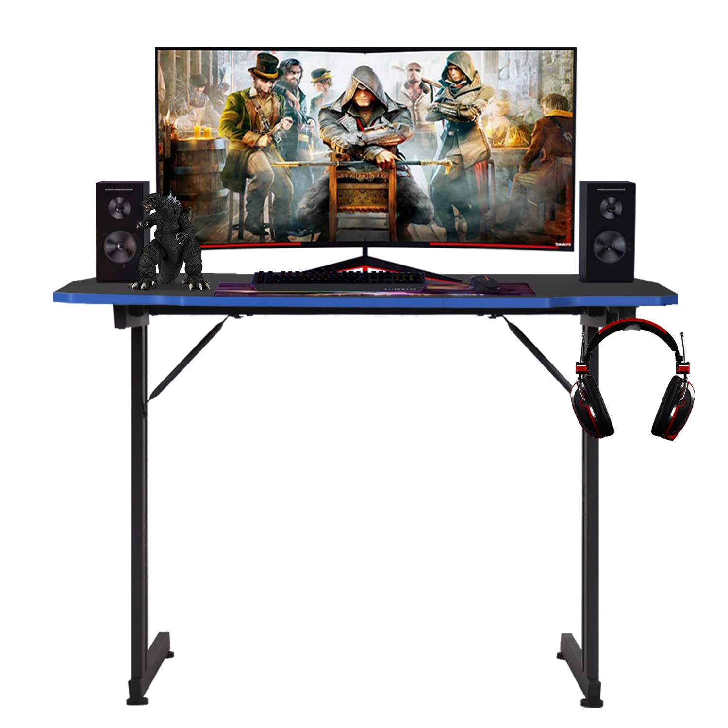 BestOffice Gmaing Desk Z Shaped 39.4in Computer Gaming Workstation Ergonomic Gaming Table with Headphone Hook for Game Players, Blue Image